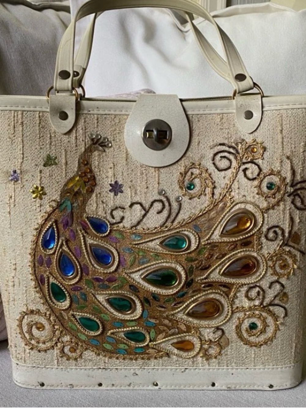 Beige Embellished Peacock Tote with Jewel Accents- untagged Enid Collins 1960s